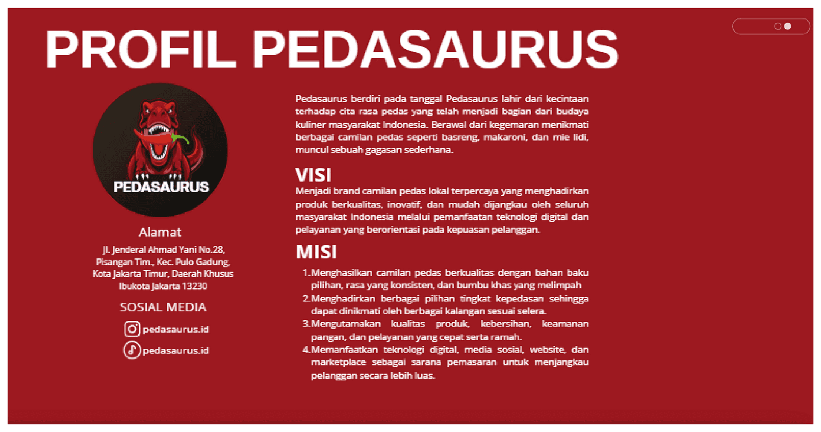 Source slide: Pedasaurus brand profile with vision and mission (in Indonesian)