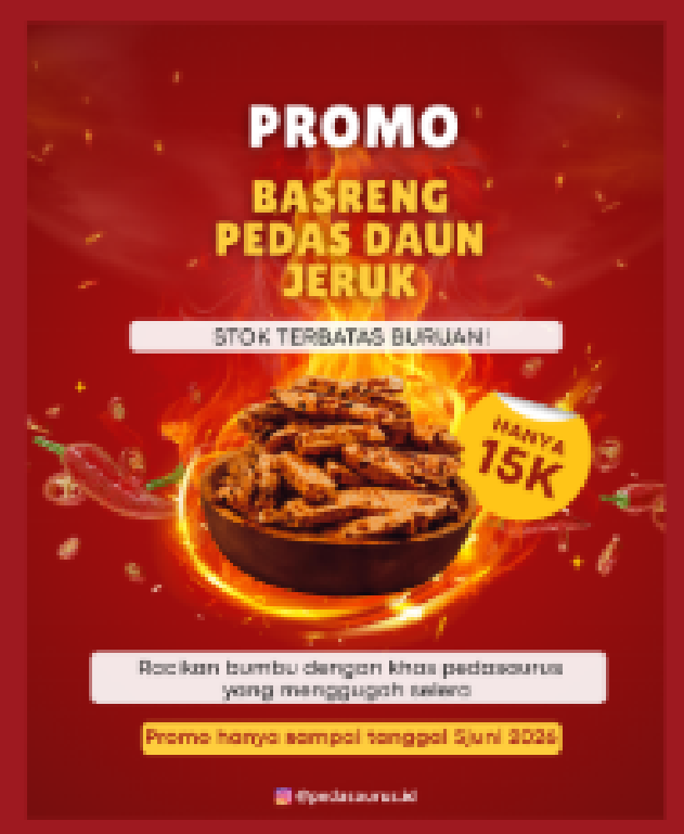 Pedasaurus promo post, conversion stage: Basreng Pedas Daun Jeruk, Rp15K