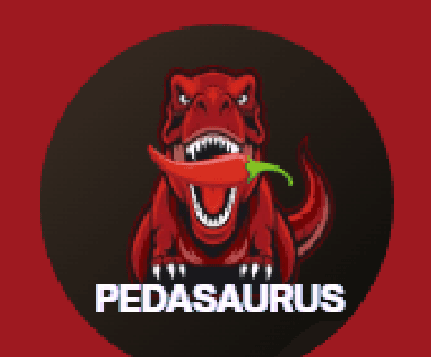 Pedasaurus logo: a red dinosaur biting a chili, over the wordmark PEDASAURUS