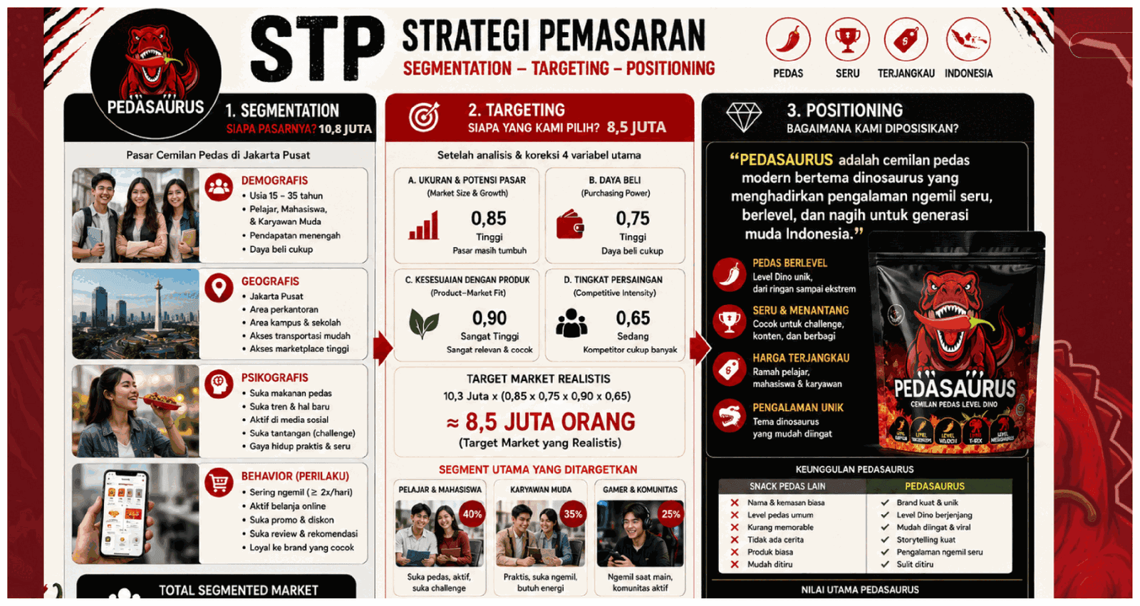 Source slide: STP strategy infographic (in Indonesian)